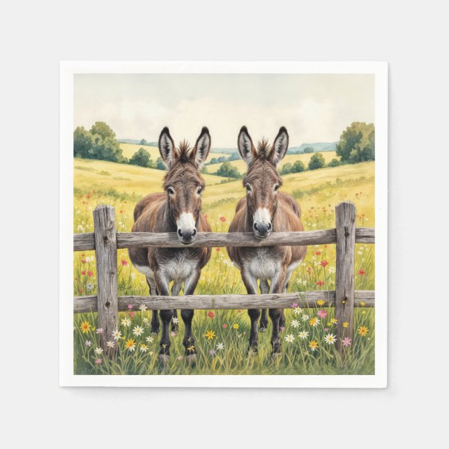 Donkeys Standing Behind a Fence In a Farm Pasture Napkin (Front)