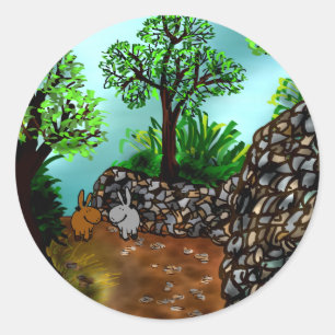 donkeys walking along stone wall classic round sticker