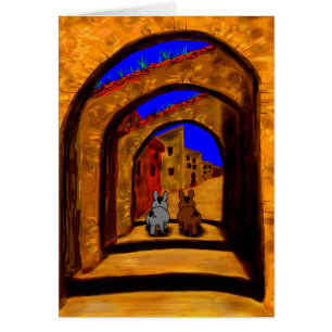 donkeys walking under arches