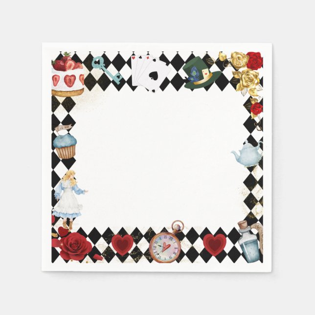 "Don't Be Late" Alice in ONEderland First Birthday Napkin (Front)