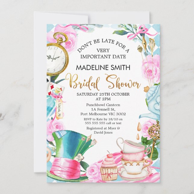 Don't be Late Wonderland Bridal Shower Invitation (Front)