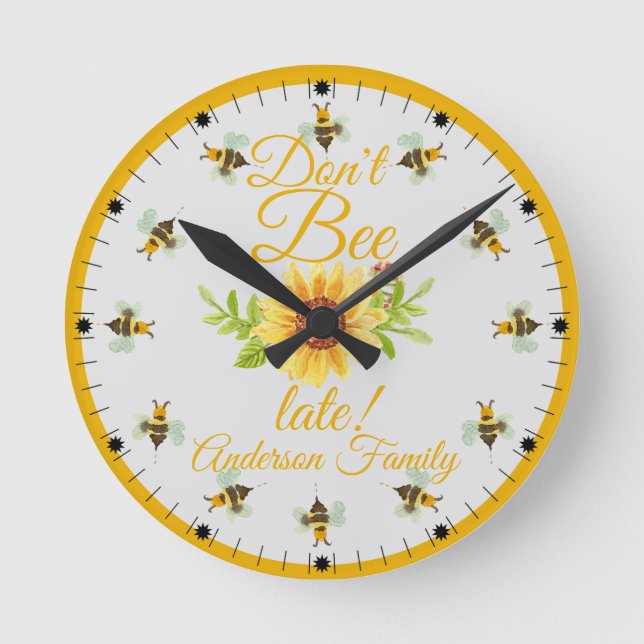 Don't Bee Late Bumble Bee Fun Round Clock (Front)