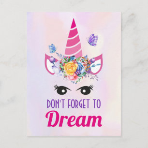 Don't Forget to Dream Cute Pink Unicorn Postcard