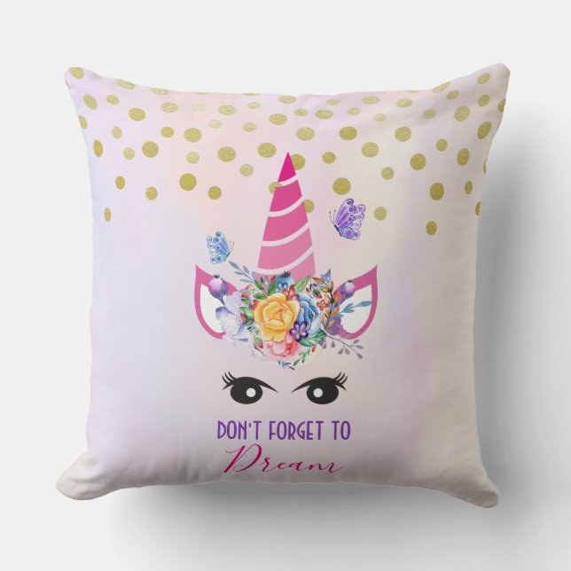 Don't Forget to Dream Pink Unicorn & Confetti Cushion (Front)