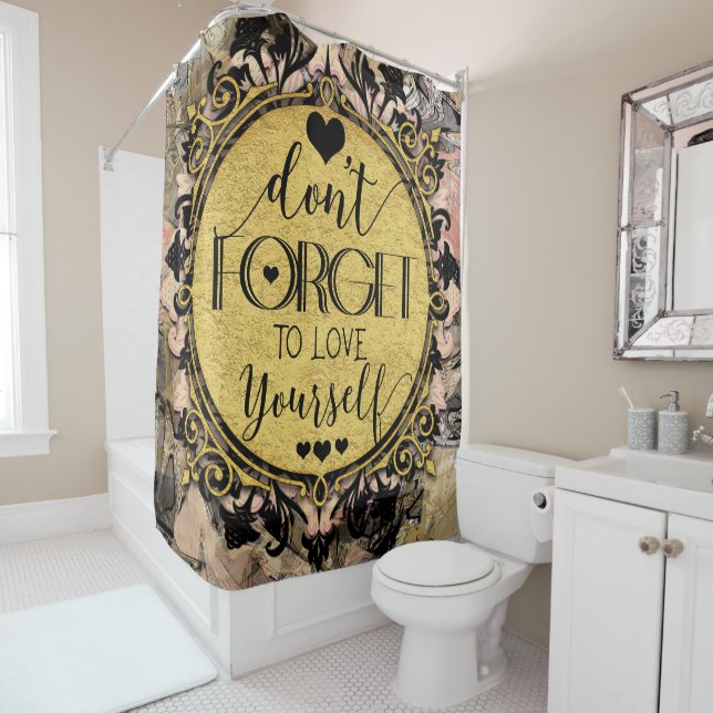 Don't Forget to Love Yourself Black Marble Swirl Shower Curtain (In Situ)