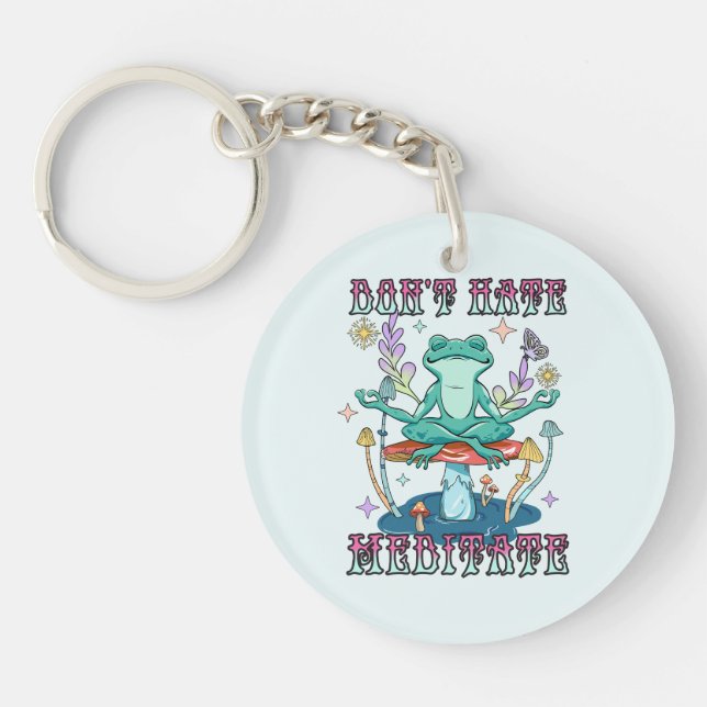 "Don't Hate, Meditate" | Peaceful Frog & Floral Key Ring (Front)