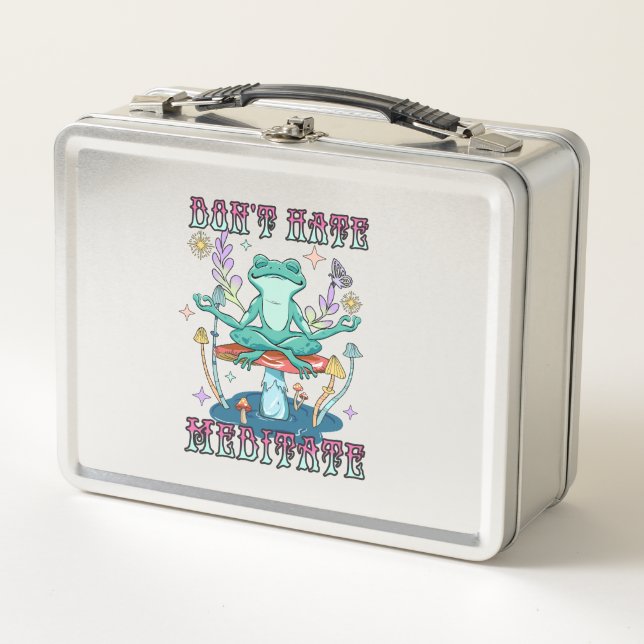 "Don't Hate, Meditate" | Peaceful Frog & Floral Metal Lunch Box (Front)