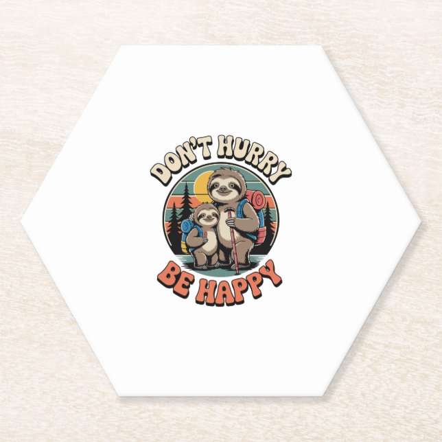 Don't Hurry, Be Happy Sloth Hiking Team Paper Coaster (Front)