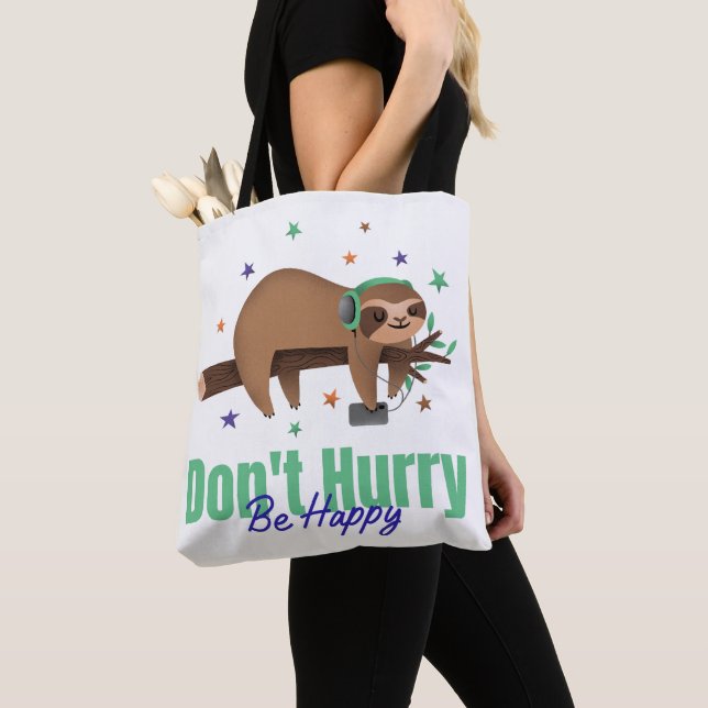 DON'T HURRY BE HAPPY SLOTH TOTE BAG (Close Up)