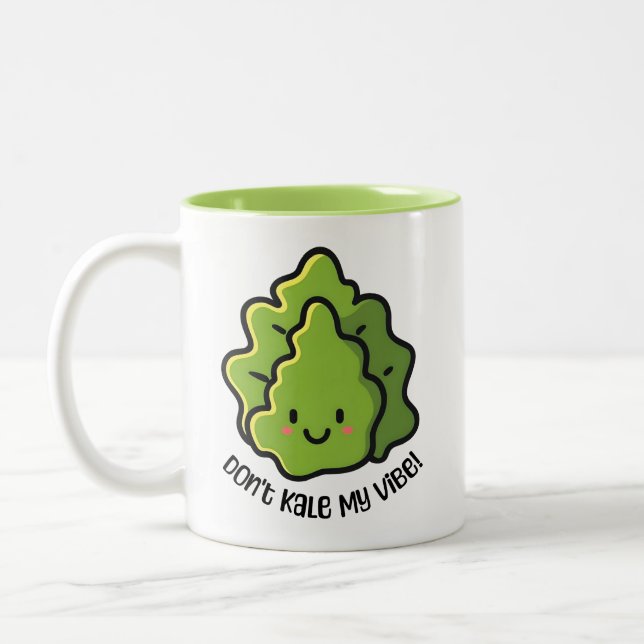 Don't Kale My Vibe! Cute Vegetable Cartoon Pun Two-Tone Coffee Mug (Left)