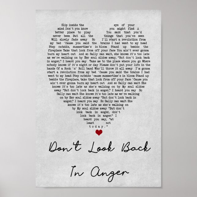 Don't Look Back In Anger Grey Heart Song Lyric Poster (Front)