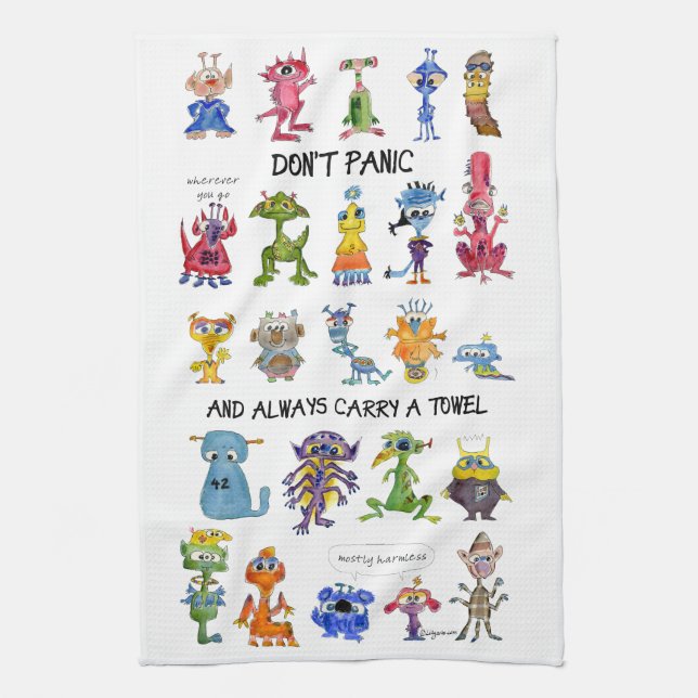 Don't Panic Cartoon Aliens ET Kitchen Towel (Vertical)