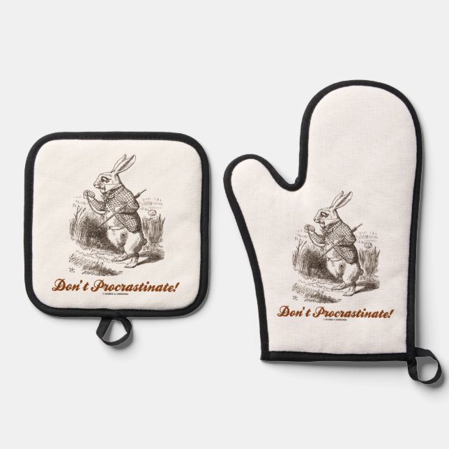 Don't Procrastinate! White Rabbit Watch Wonderland Oven Mitt & Pot Holder Set (Front)