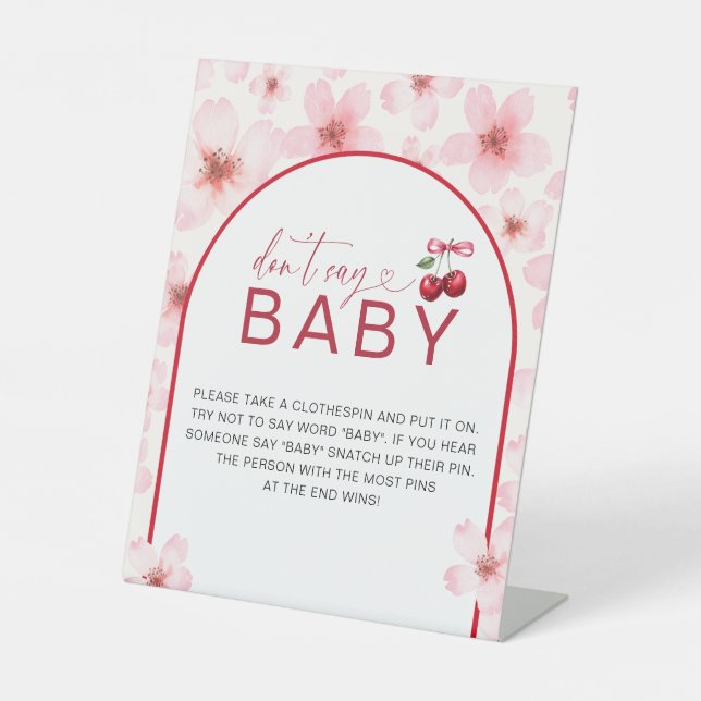 Don't Say Baby | Baby Shower Cherry Blossom Game Pedestal Sign (Front)