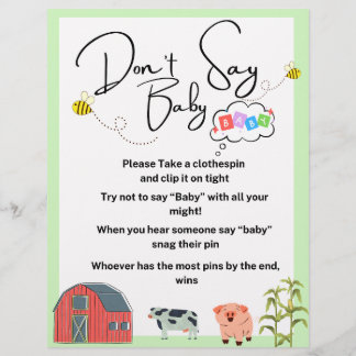 "don't say baby" baby shower game farm animal custom letterhead