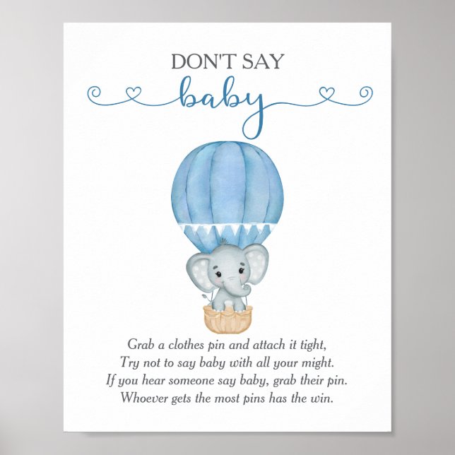 Don't Say Baby Blue Elephant Baby Shower Game Poster (Front)