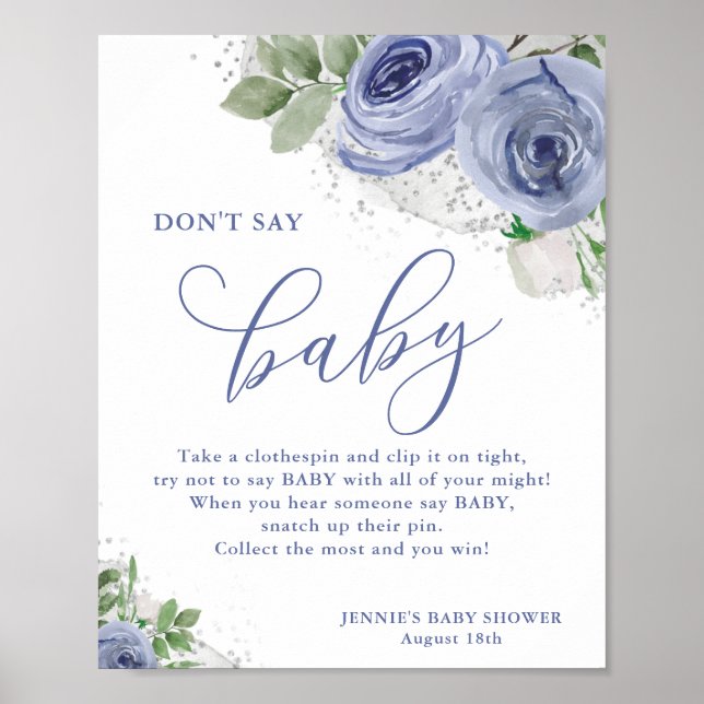 Don't Say Baby Blue Silver Floral Baby Shower Game Poster (Front)