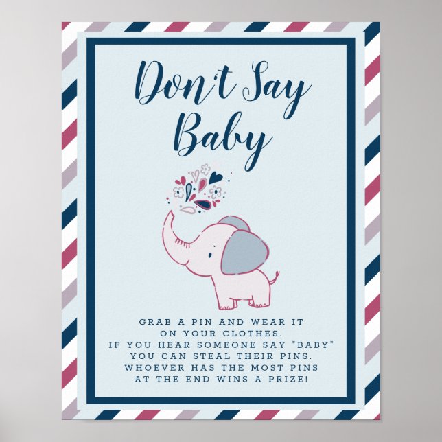 Don't Say Baby Cute Elephant Baby Shower Game Sign (Front)