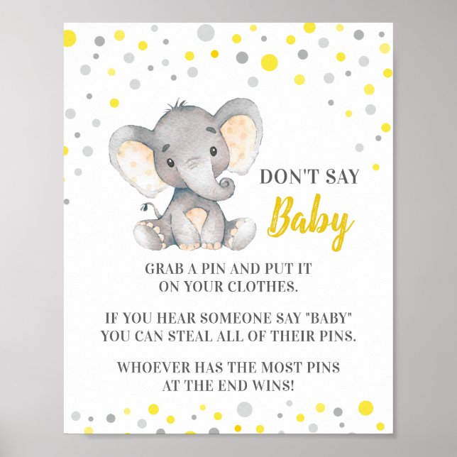 Don't Say Baby Game Yellow Elephant Baby Shower Poster (Front)