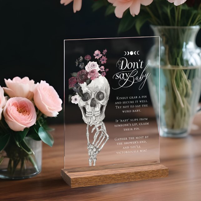 Don't Say Baby Gothic Floral Skull Baby Shower Acrylic Sign (Don't Say Baby Gothic Floral Skull Baby Shower Acrylic Sign)