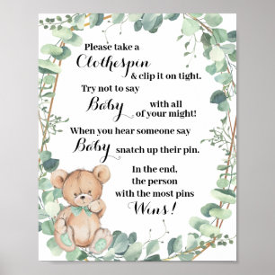 Don't Say Baby Greenery Bear Gold Baby Shower Game Poster
