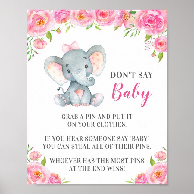 Don't Say Baby Pin Game Elephant Baby Girl Shower Poster (Front)