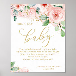 Don't Say Baby Pink & Gold Floral Baby Shower Game Poster
