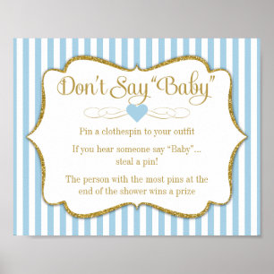 Don't Say Baby Shower Game Blue Gold Boy Baby Poster