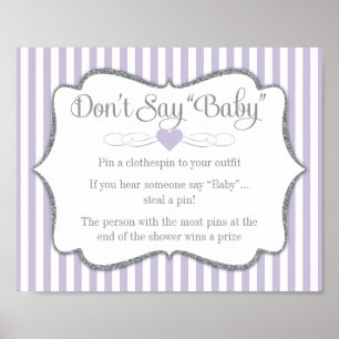 Don't Say Baby Shower Game Lavender Lilac Grey Poster