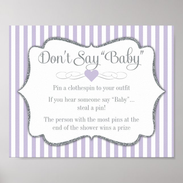 Don't Say Baby Shower Game Lavender Lilac Grey Poster (Front)