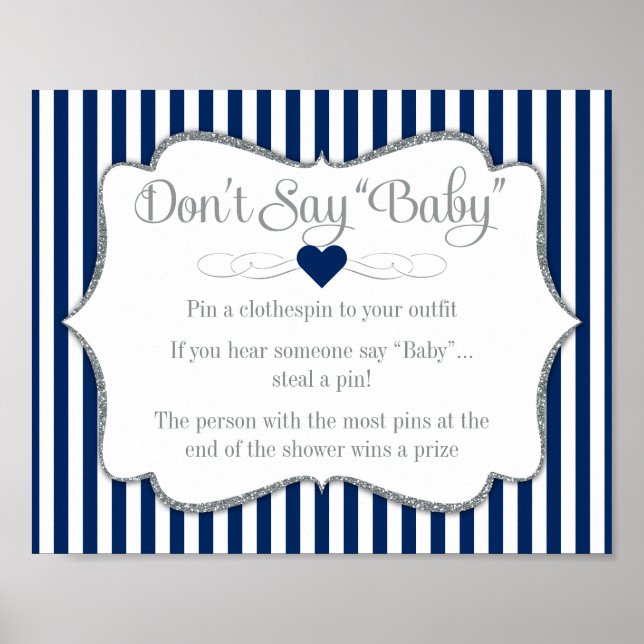 Don't Say Baby Shower Game Navy Blue Silver Boy Poster (Front)