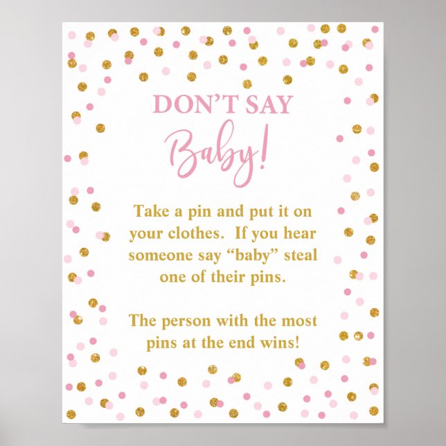 Don't Say Baby Shower Game Sign Pink & Gold (Front)