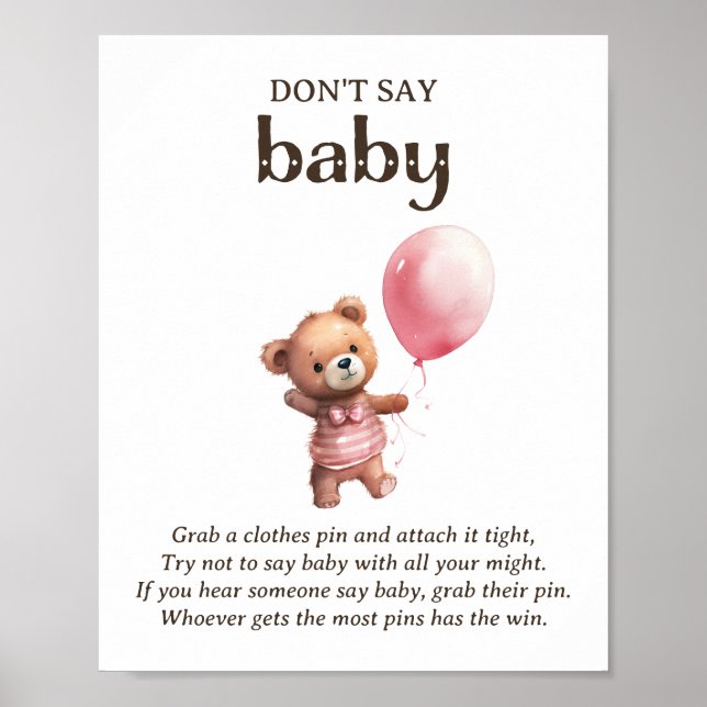 Don't Say Baby Teddy Bear Girl Baby Shower Game Poster (Front)