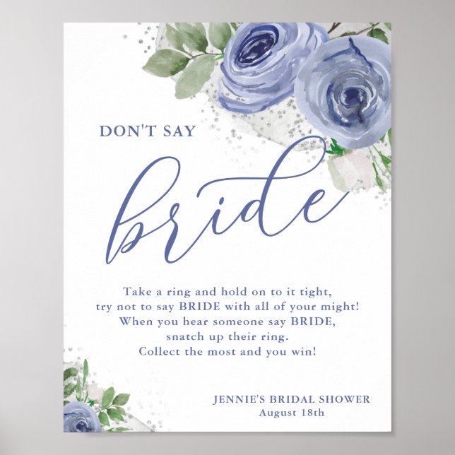 Don't Say Bride Blue Floral Bridal Shower Game Poster (Front)