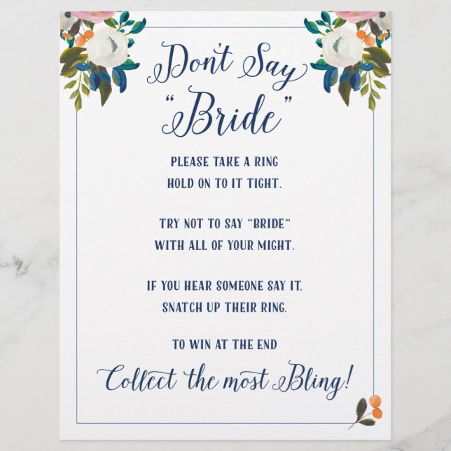 Don't Say Bride Bridal Shower Game Flyer (Front)