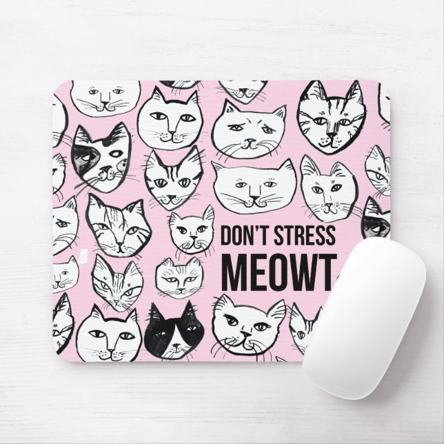 Don't Stress MEOWT Cat Head Pattern Pink Mouse Mat (With Mouse)
