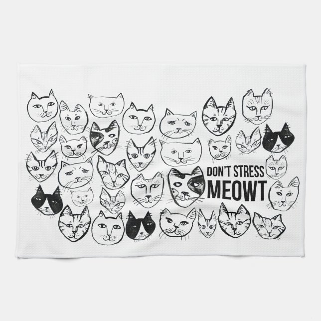 Don't Stress Meowt Funny Cat Pattern Tea Towel (Horizontal)