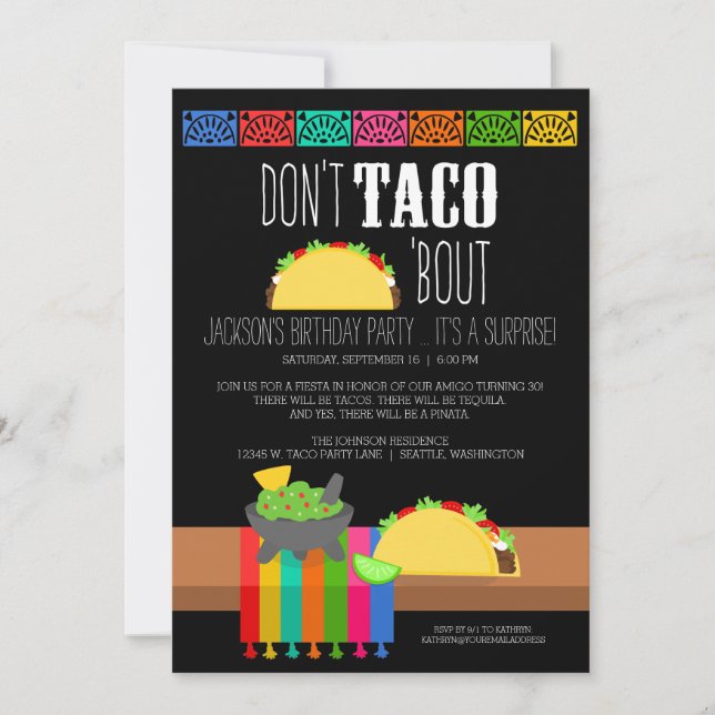 Don't Taco 'Bout Surprise Birthday Invitation (Front)