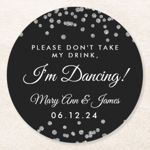Don't Take My Drink! Silver Confetti Black Round Paper Coaster