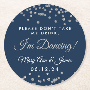 Don't Take My Drink! Silver Confetti Navy Blue Round Paper Coaster