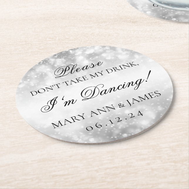 Don't Take My Drink! Silver Shimmer Lights Round Paper Coaster (Angled)