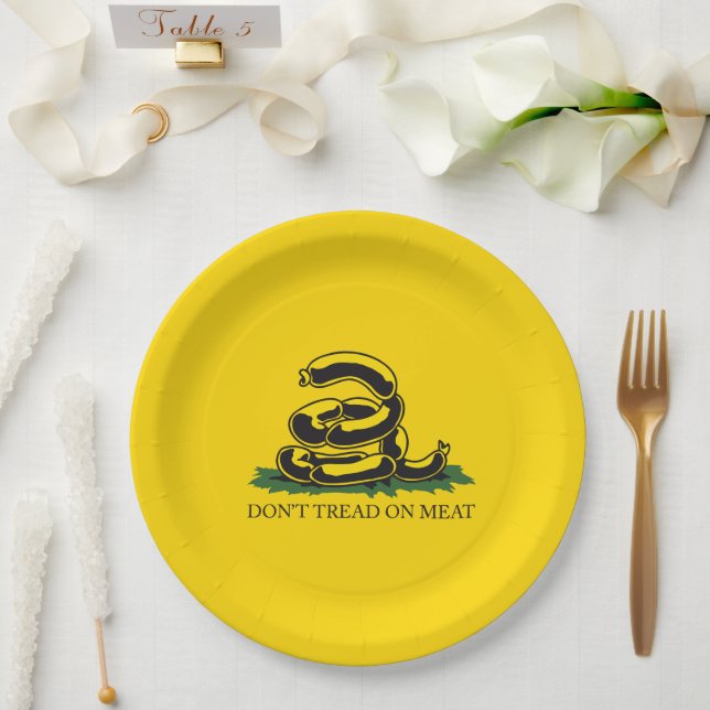 Don't tread on meat funny Gadsden flag parody meme Paper Plate (Wedding)