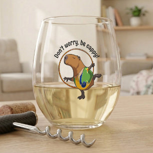 Don't Worry Be Cappy Capybara Gymnast Hoop Cartoon Stemless Wine Glass