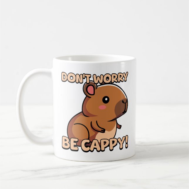 Don't Worry Be Cappy! Cute Capybara Pun Cartoon Coffee Mug (Left)