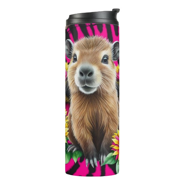 Don't Worry, Be Cappy – Cute Capybara Sunflower Thermal Tumbler (Rotated Left)