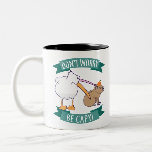 Don't Worry, Be Capy. Capybara Orange Unbothered Two-Tone Coffee Mug (Left)