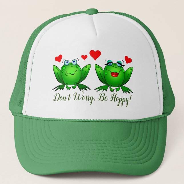 Dont Worry Be Hoppy Cute Cartoon Frogs w Hearts Trucker Hat (Front)