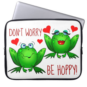 Dont Worry Be Hoppy Cute Cheerful Fun Green Frogs Laptop Sleeve