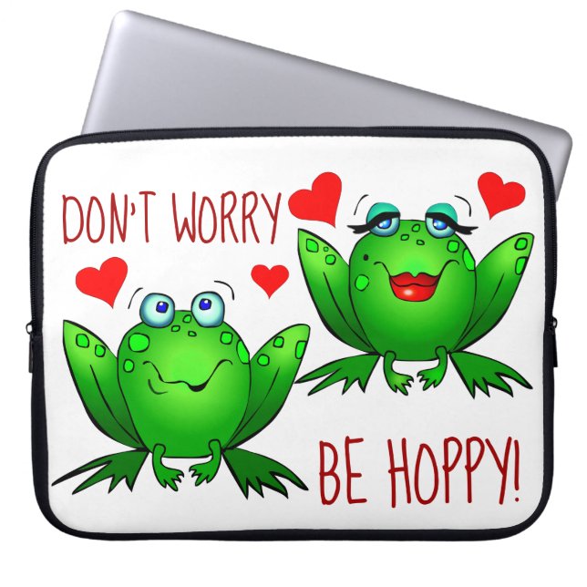 Dont Worry Be Hoppy Cute Cheerful Fun Green Frogs Laptop Sleeve (Front)