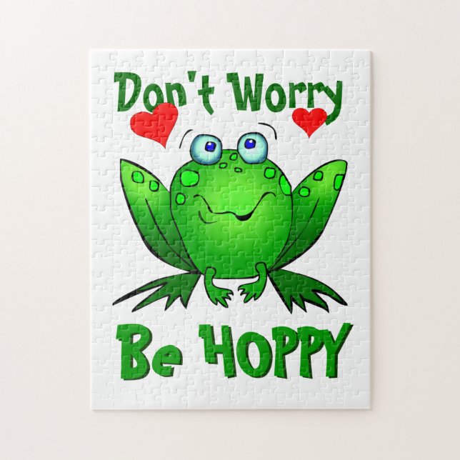 Dont Worry Be Hoppy Cute Green Frog w Hearts Jigsaw Puzzle (Vertical)